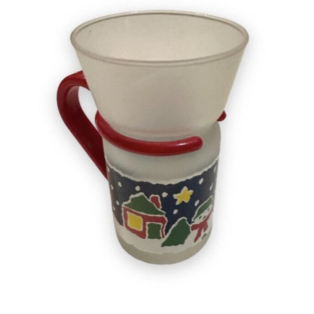 Bar ware Frosted Glass Snowman Mug Plastic Handle Hot Chocolate Cocoa Christmas